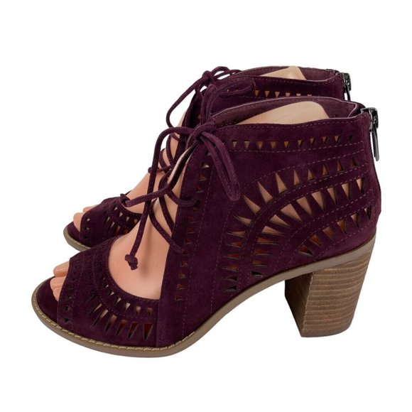 *Vince Camuto Tarita Cut Out Lace Up Burgundy Suede Open Toe Heel Bootie Size 6 - Picture 3 of 16
